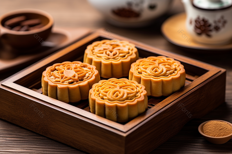 木盒里的中秋节月饼高清特写摄影图,高清,摄影图,摄影图片,图片大全,摄影图免费下载